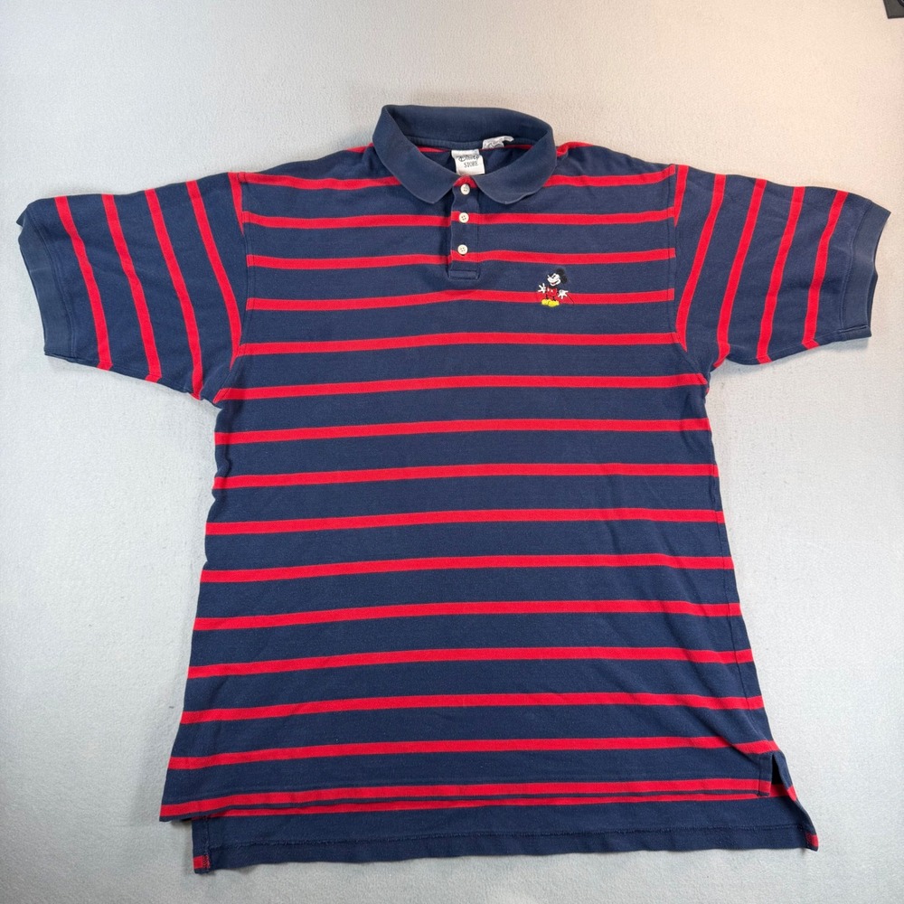 Vintage Disney Store Mickey Mouse Striped Polo Shirt Mens Navy Red Embroidered
